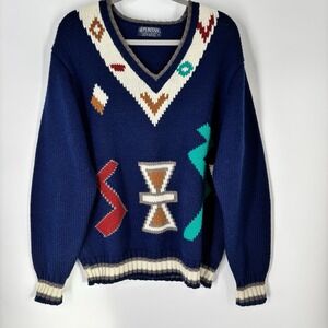 Vintage Puritan Mens Sz L Aztec Southwestern Grandpa Teacher Retro V Neck Chunky
